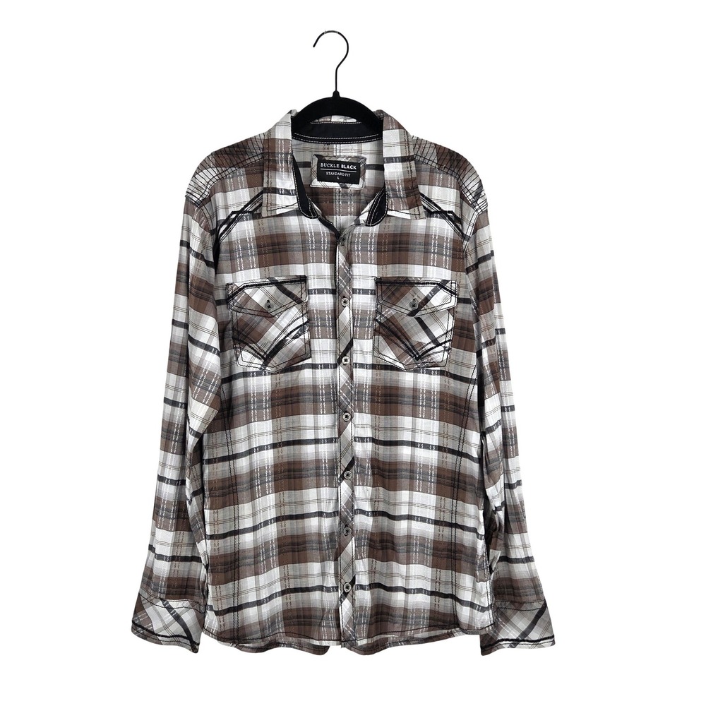 Buckle Black Mens Standard Fit‎ Plaid Embroidered Button Up Shirt Size L Western